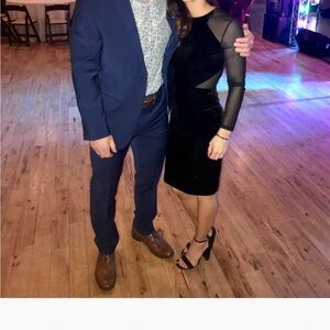 French Connection velvet and mesh cut out Black Dress with Sheer Sleeves